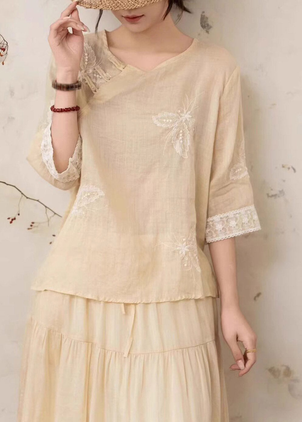 Vintage Yellow Embroidered Nail Bead Linen Shirt Summer