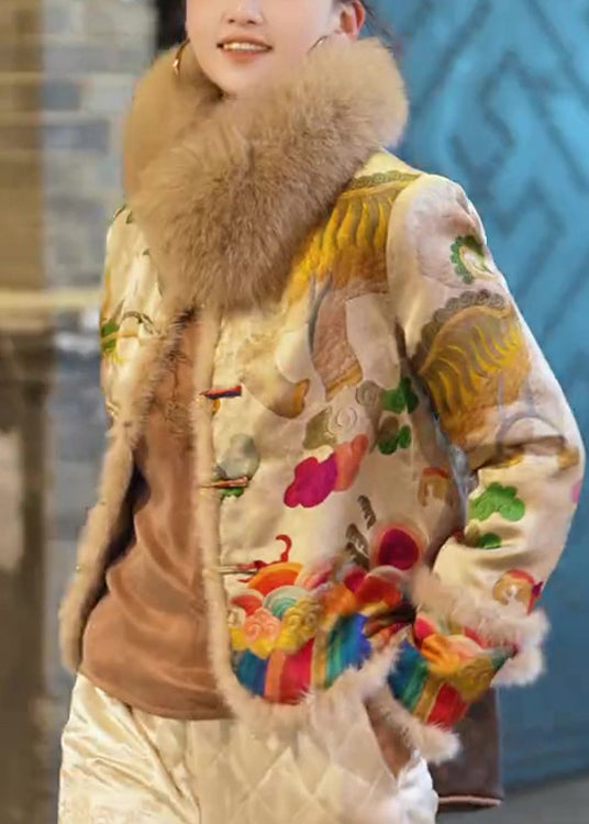 Vintage Yellow Fur Collar Embroidered Fine Cotton Filled Jacket Winter