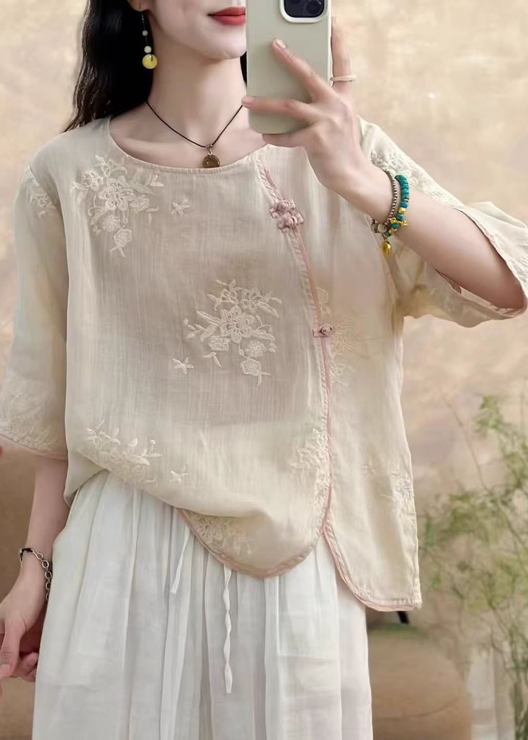 Vintage Yellow O Neck Embroidered Linen Top Summer