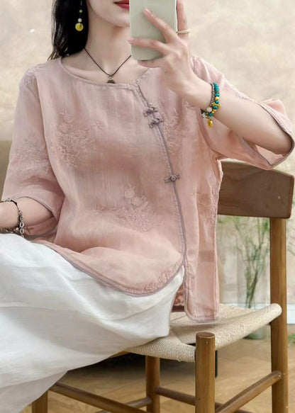 Vintage Yellow O Neck Embroidered Linen Top Summer