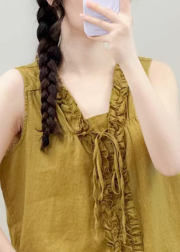 Vintage Yellow Ruffled Linen Shirt Tops Sleeveless