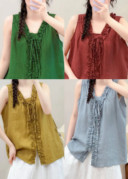 Vintage Yellow Ruffled Linen Shirt Tops Sleeveless