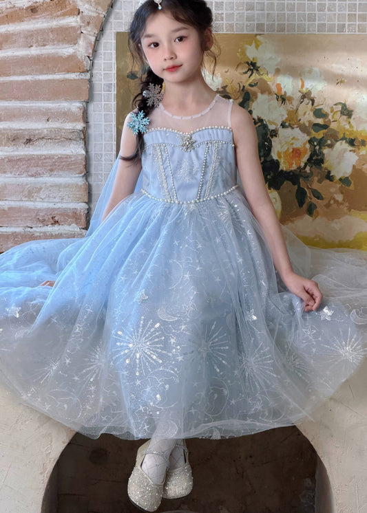 Vogue Blue O-Neck Pearl Tulle Girls Long Dress And Shawl Two Piece Set Summer