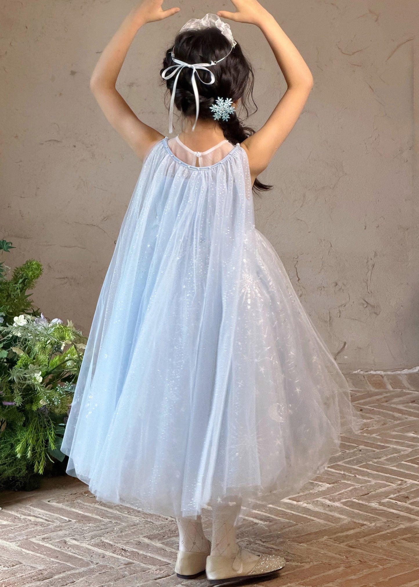 Vogue Blue O-Neck Pearl Tulle Girls Long Dress And Shawl Two Piece Set Summer
