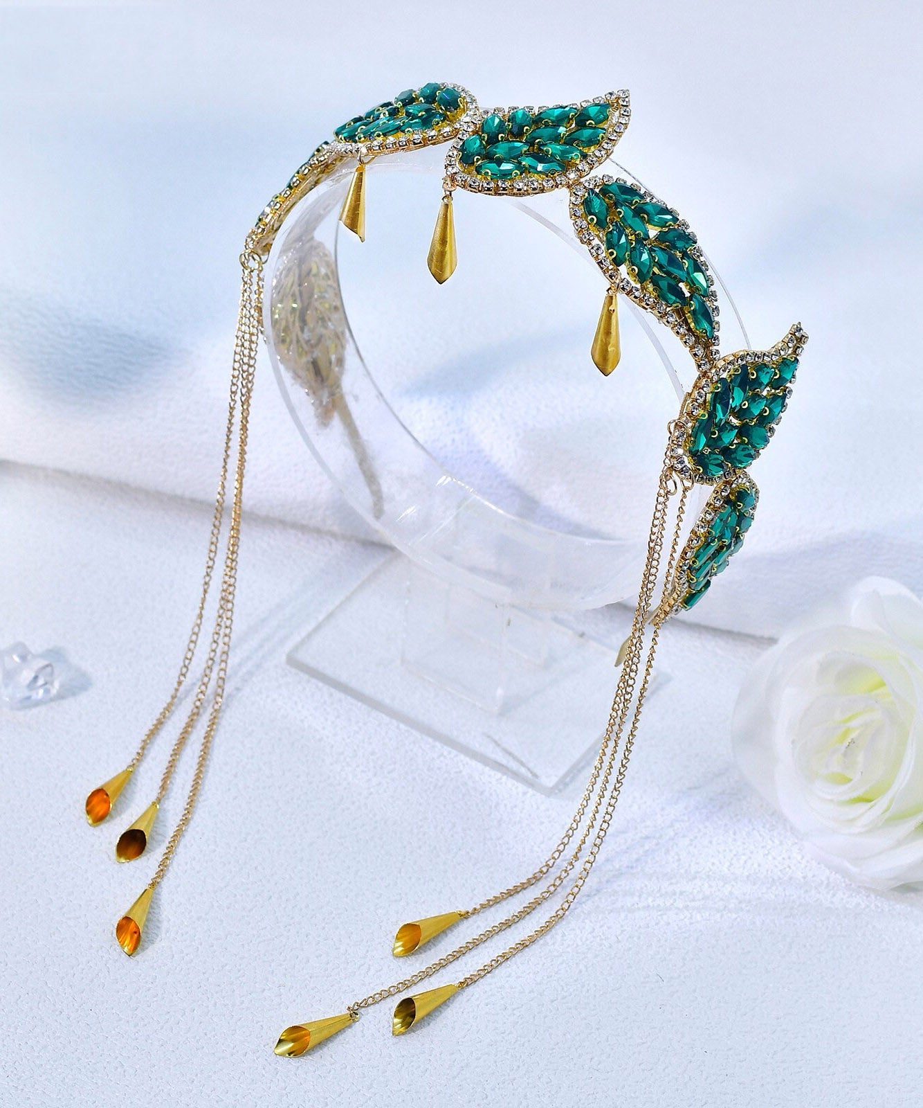 Vogue Green Alloy Zircon Leaf Tassel HairPiece