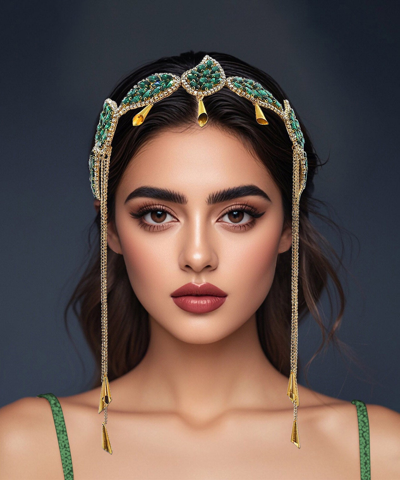 Vogue Green Alloy Zircon Leaf Tassel HairPiece