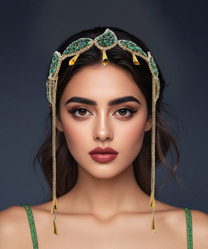 Vogue Green Alloy Zircon Leaf Tassel HairPiece