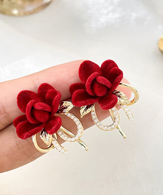 Vogue Red Copper Overgild Flocking Floral Pearl Bow Stud Earrings