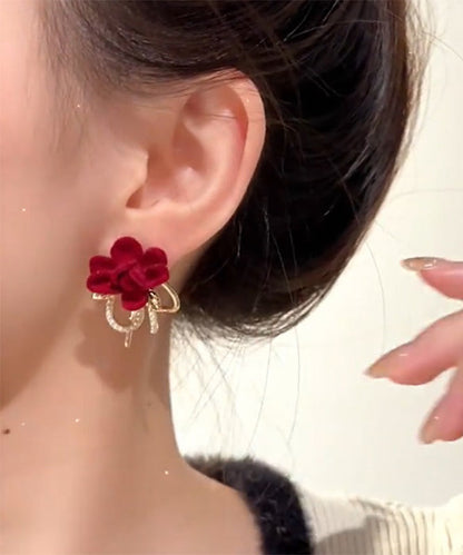 Vogue Red Copper Overgild Flocking Floral Pearl Bow Stud Earrings