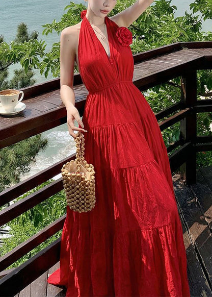 Vogue Red V Neck Halter Cold Shoulder Long Dress Sleeveless