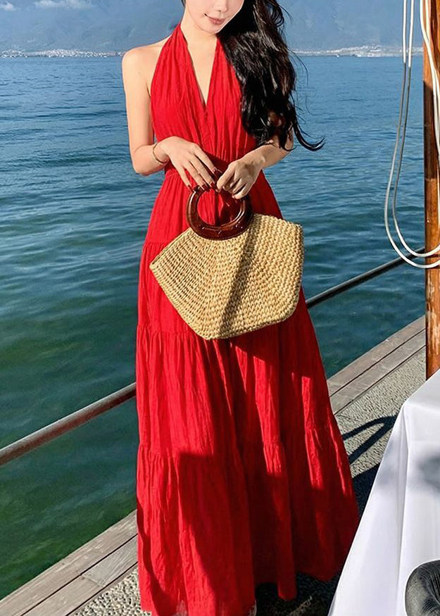 Vogue Red V Neck Halter Cold Shoulder Long Dress Sleeveless