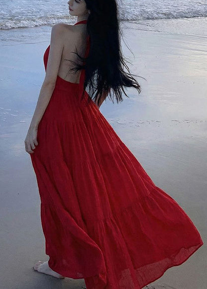 Vogue Red V Neck Halter Cold Shoulder Long Dress Sleeveless