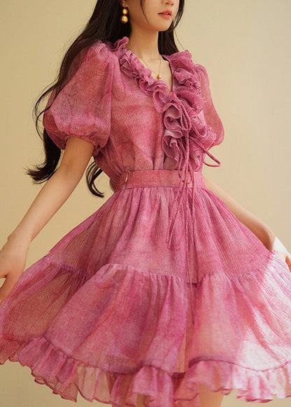 Vogue Red V Neck Ruffled Shirts And Skirts Two Piece Set Summer