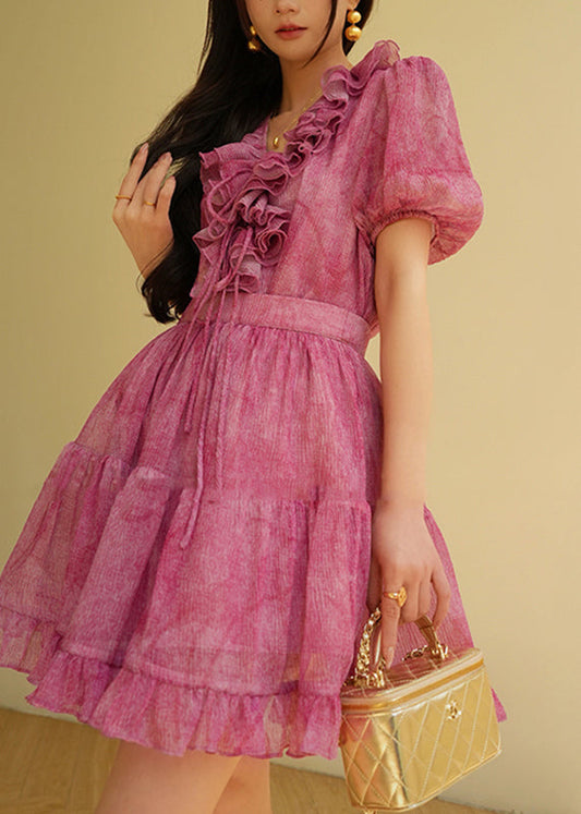 Vogue Red V Neck Ruffled Shirts And Skirts Two Piece Set Summer