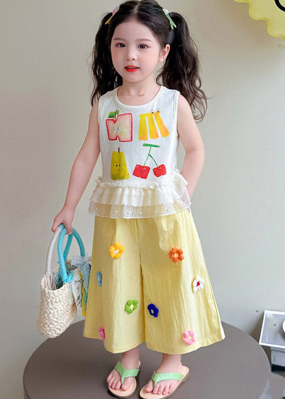 Vogue Yellow Print Ruffled Kids Top And Wide Leg Pants Two Piece Set Sleeveless