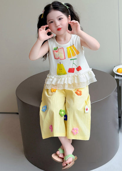 Vogue Yellow Print Ruffled Kids Top And Wide Leg Pants Two Piece Set Sleeveless