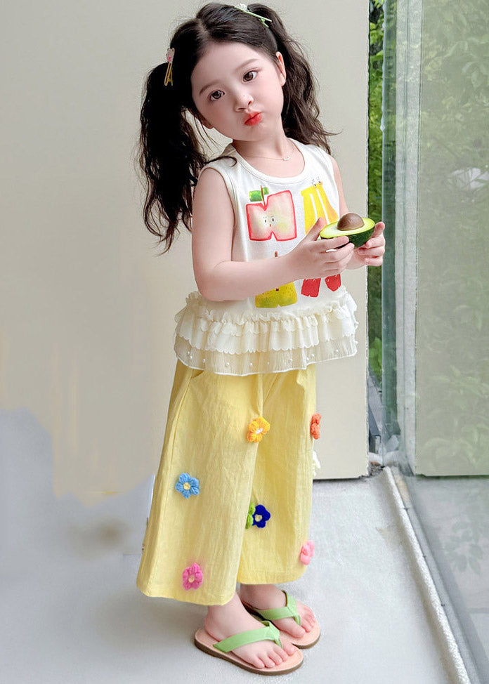 Vogue Yellow Print Ruffled Kids Top And Wide Leg Pants Two Piece Set Sleeveless