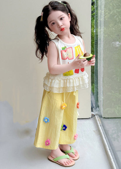 Vogue Yellow Print Ruffled Kids Top And Wide Leg Pants Two Piece Set Sleeveless