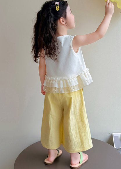 Vogue Yellow Print Ruffled Kids Top And Wide Leg Pants Two Piece Set Sleeveless