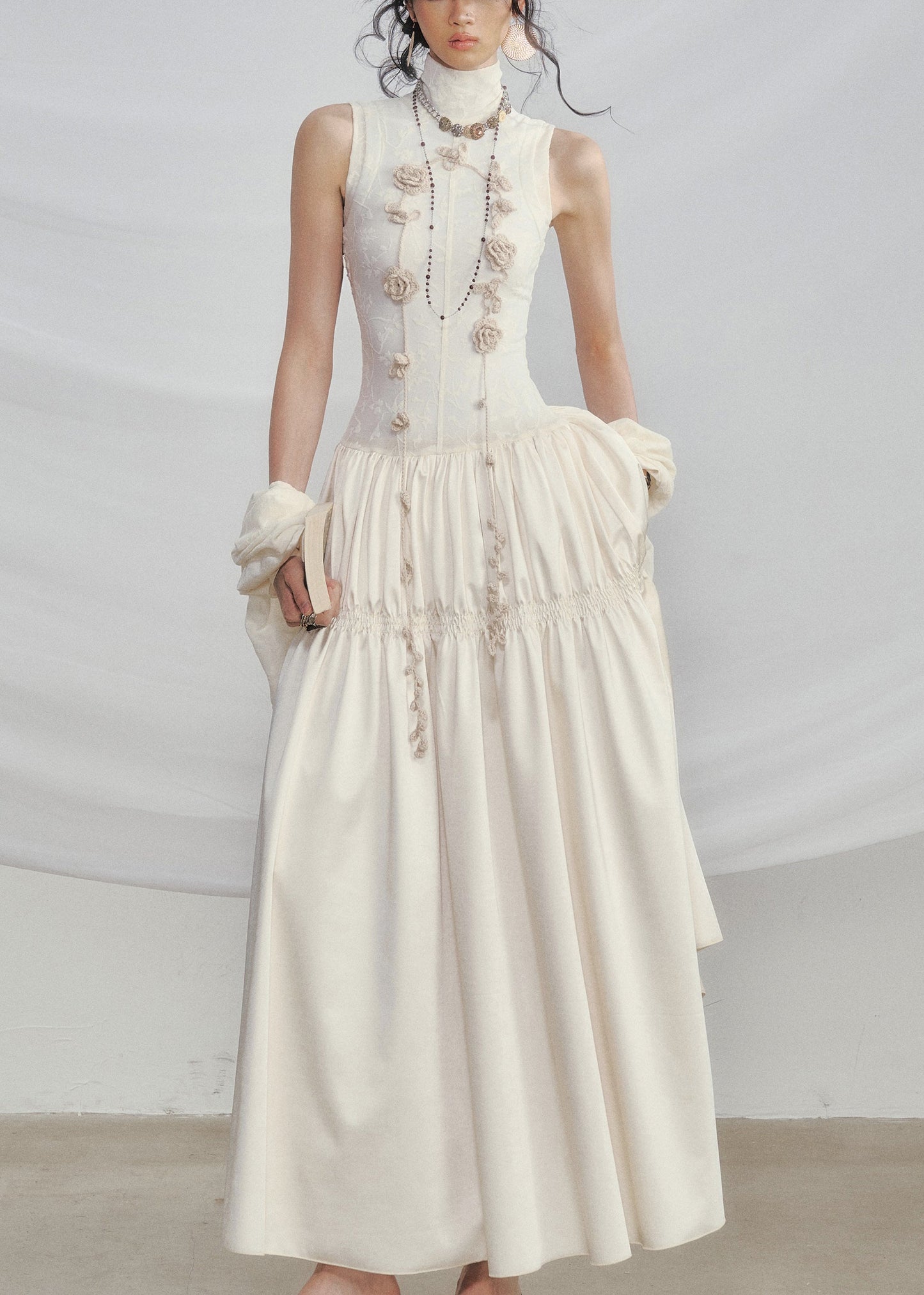 White Floral Wrinkled Cotton Two Pieces Set Turtleneck Summer