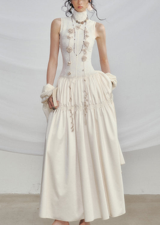 White Floral Wrinkled Cotton Two Pieces Set Turtleneck Summer