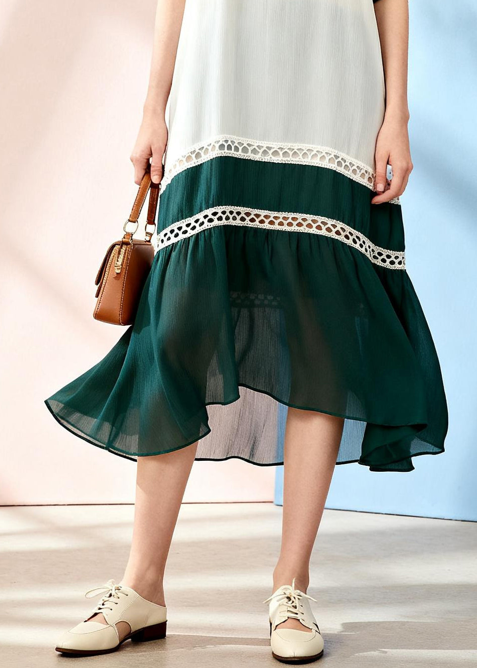White Patchwork Chiffon Ankle Dress Hollow Out Summer
