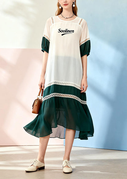 White Patchwork Chiffon Ankle Dress Hollow Out Summer