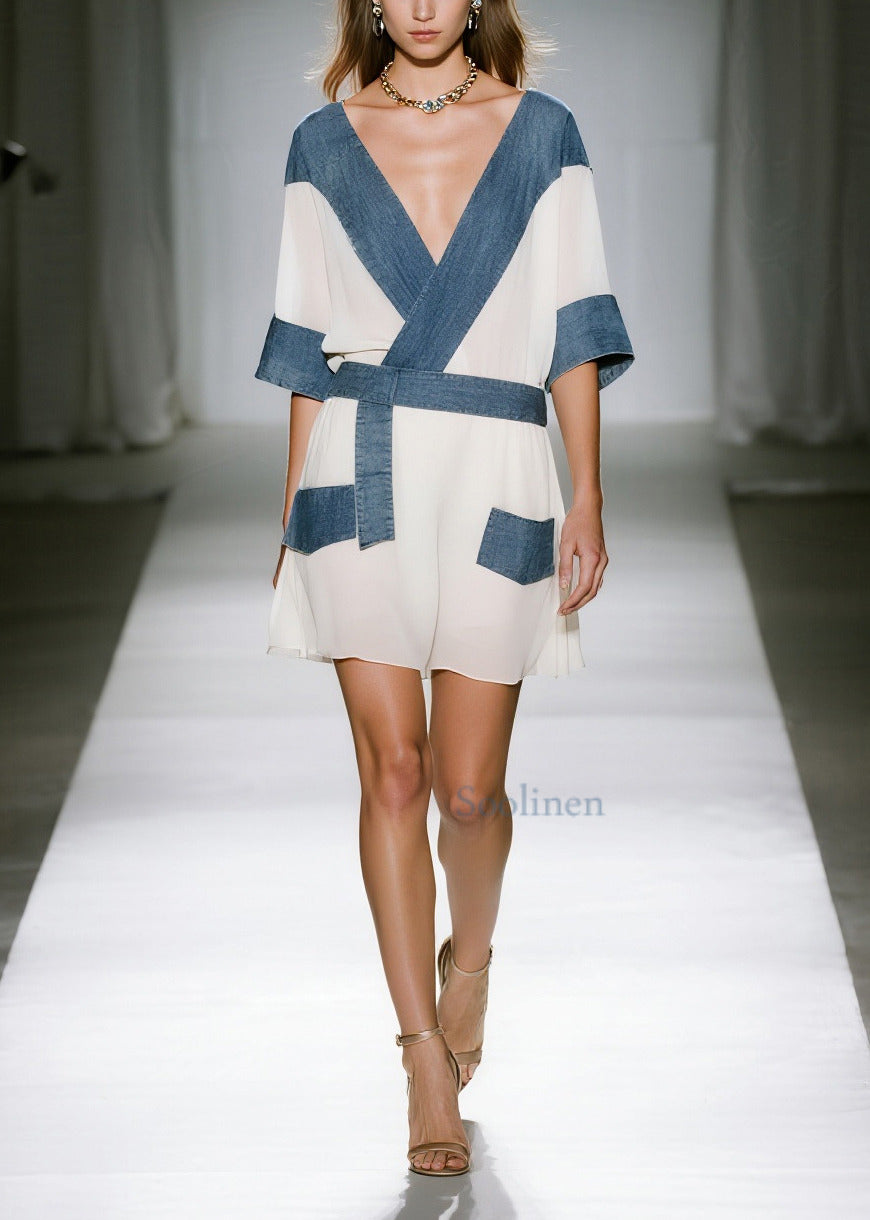 White Patchwork Denim Chiffon Mini Dresses V Neck Summer