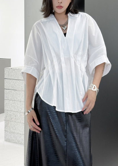 White Patchwork Novelty Cotton Shirt Top Asymmetrical Wrinkled Summer