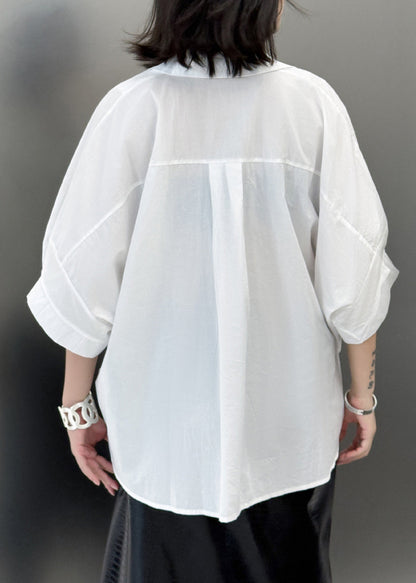 White Patchwork Novelty Cotton Shirt Top Asymmetrical Wrinkled Summer