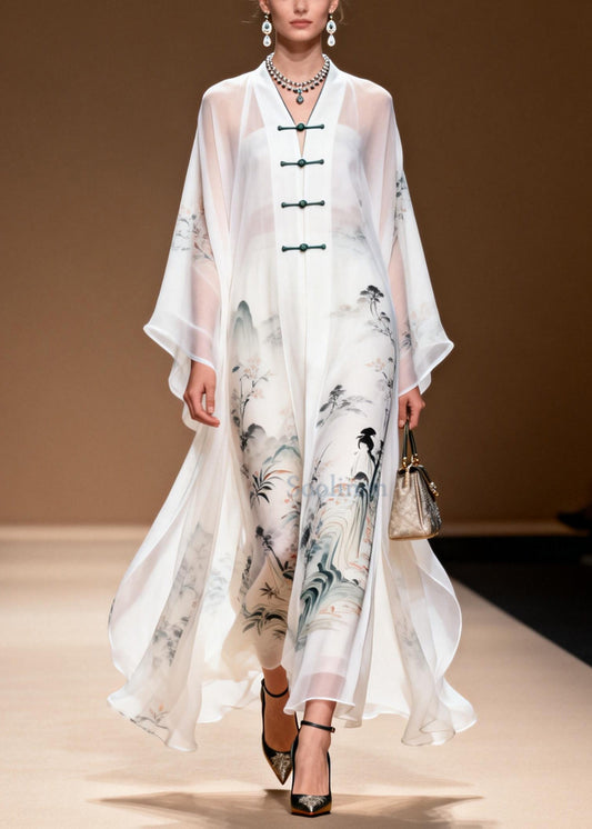 White Print Draping Chiffon Oriental Dress Chinese Button Summer