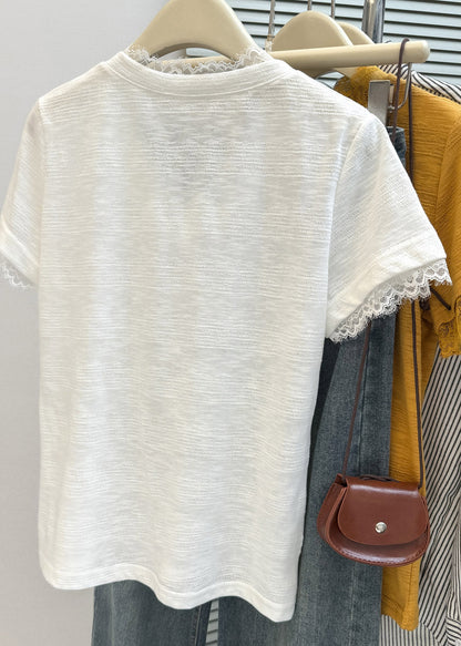 White V Neck Solid Top Short Sleeve