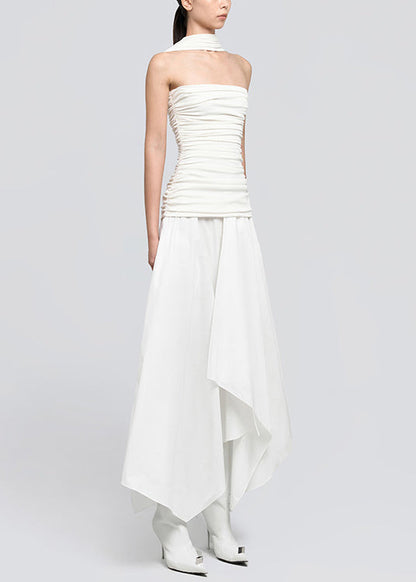 White Wrinkled Cotton Long Dresses Asymmetrical Summer