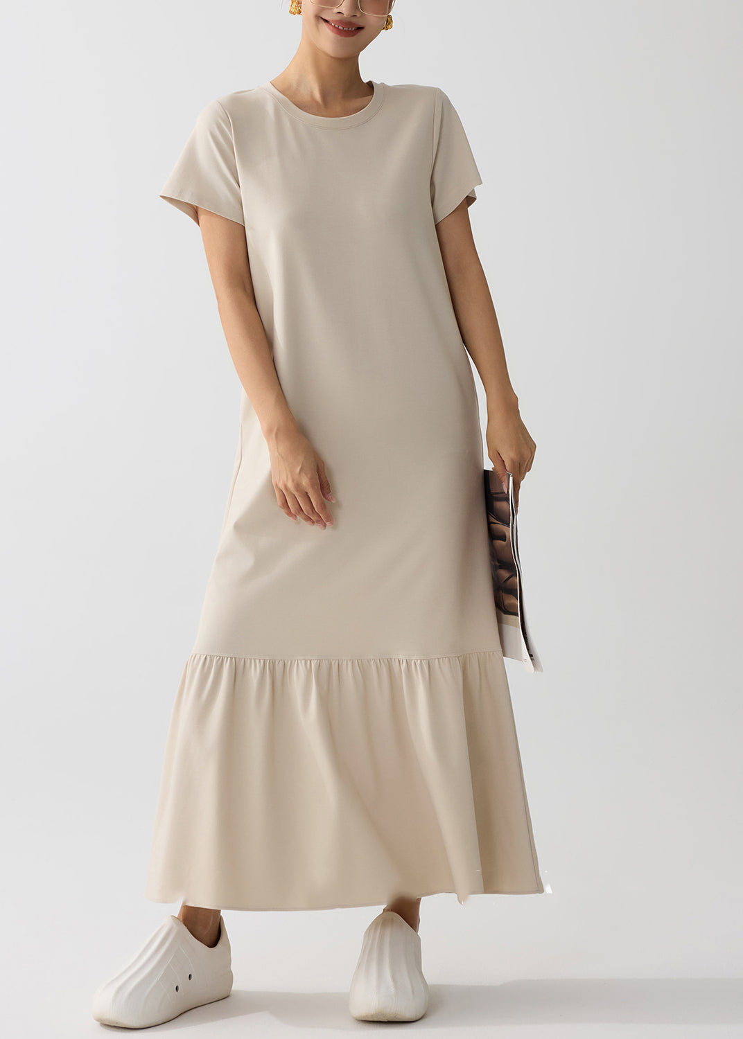 Women Apricot O-Neck Patchwork Cotton Holiday Dress Summer