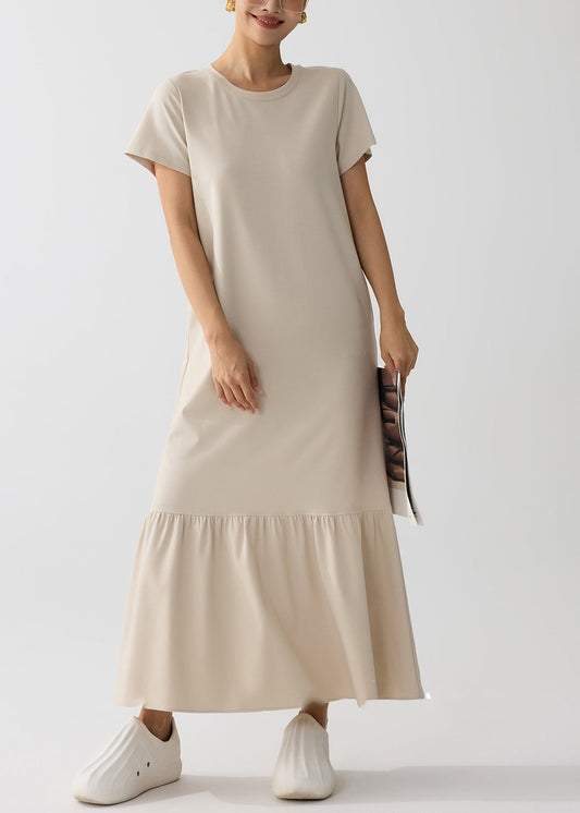 Women Apricot O-Neck Patchwork Cotton Holiday Dress Summer