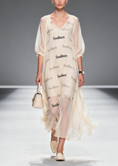 Women Apricot V Neck Print Chiffon Maxi Dress Summer