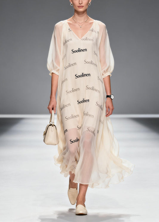 Women Apricot V Neck Print Chiffon Maxi Dress Summer