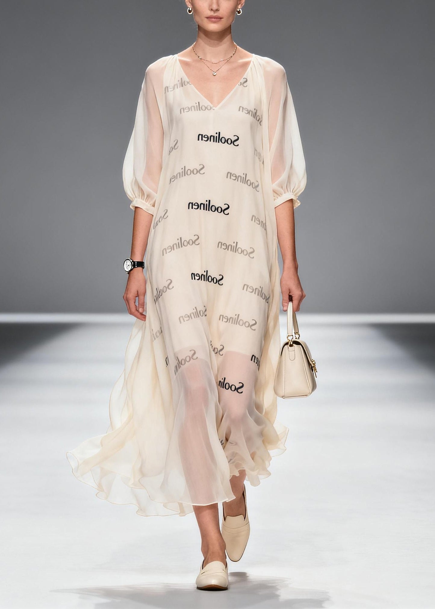 Women Apricot V Neck Print Chiffon Maxi Dress Summer