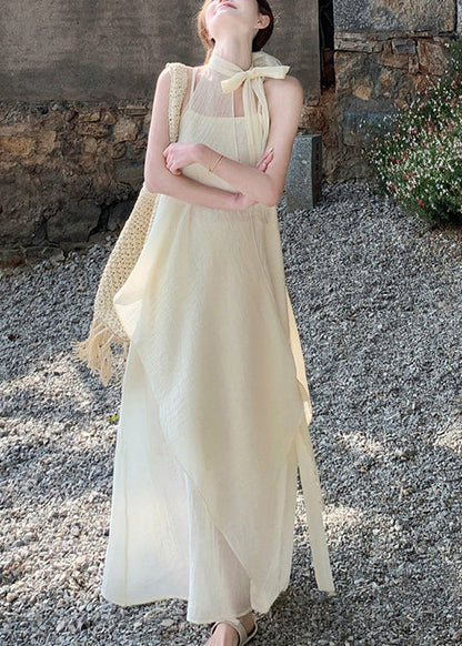 Women Beige Asymmetrical Chiffon Halter Dresses Summer