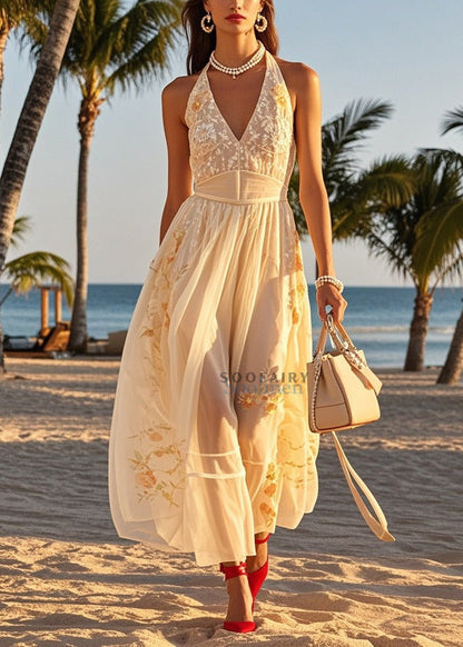Women Beige Cold Shoulder Print Tulle Halter Dresses Summer