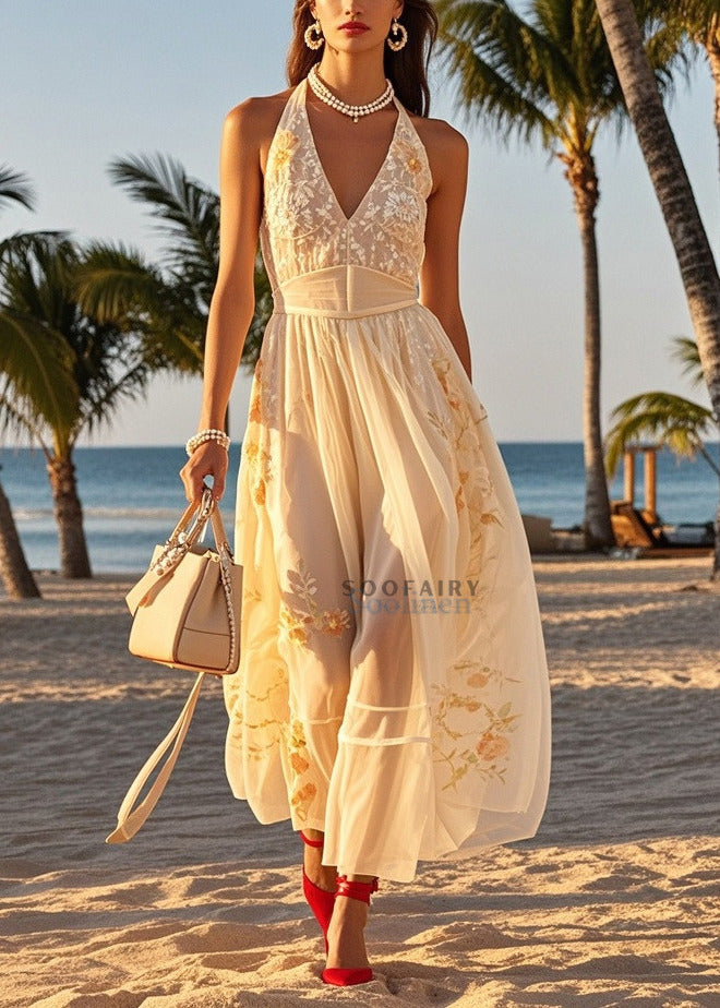 Women Beige Cold Shoulder Print Tulle Halter Dresses Summer