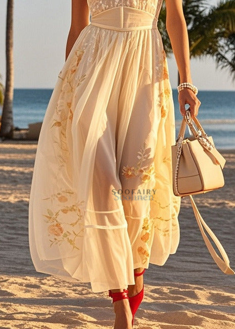 Women Beige Cold Shoulder Print Tulle Halter Dresses Summer