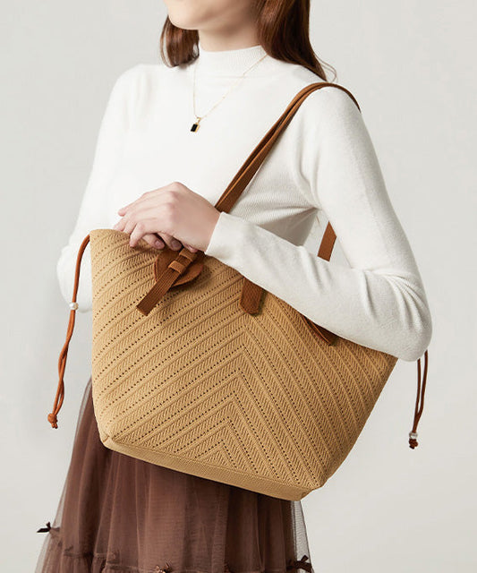 Women Beige Hollow Out Large Capacity Woven Women Shoulder Bags