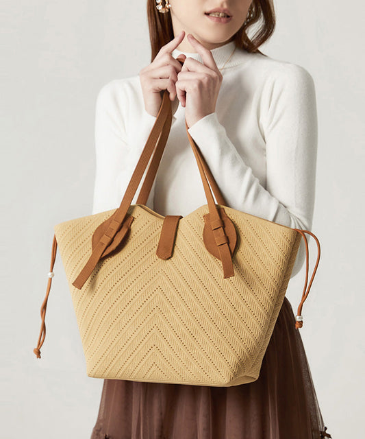 Women Beige Hollow Out Large Capacity Woven Women Shoulder Bags