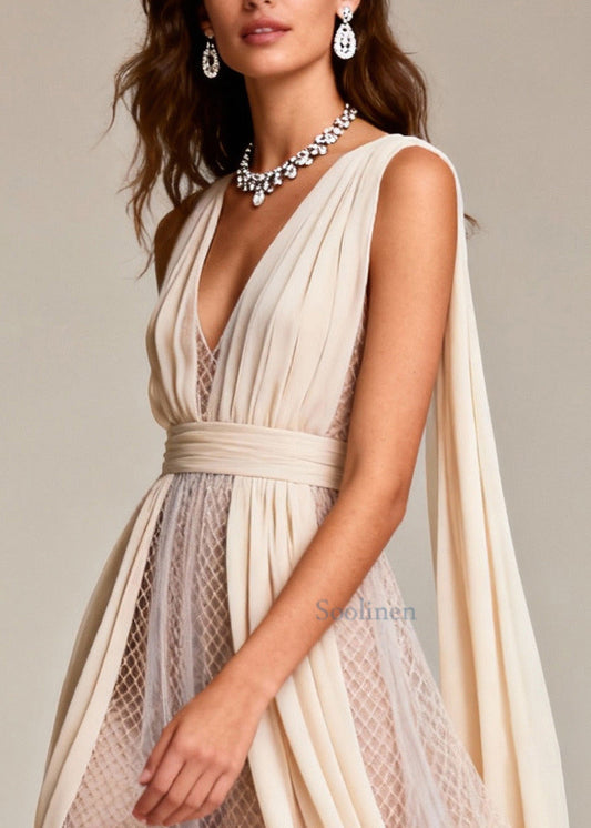 Women Beige Hollow Out Patchwork Tulle Evening Dress Summer