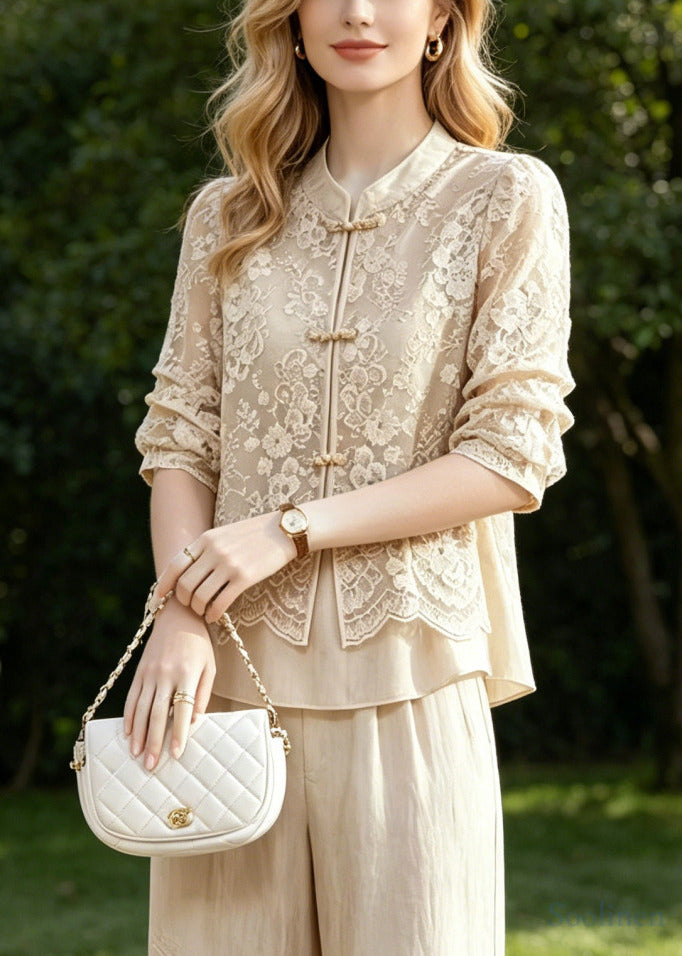Women Beige Mandarin Collar Patchwork Lace Two Piece Suit Set Summer