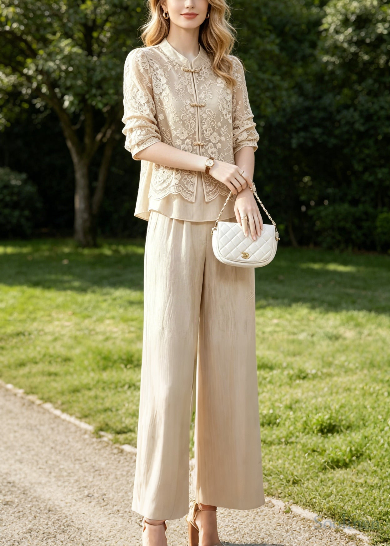Women Beige Mandarin Collar Patchwork Lace Two Piece Suit Set Summer