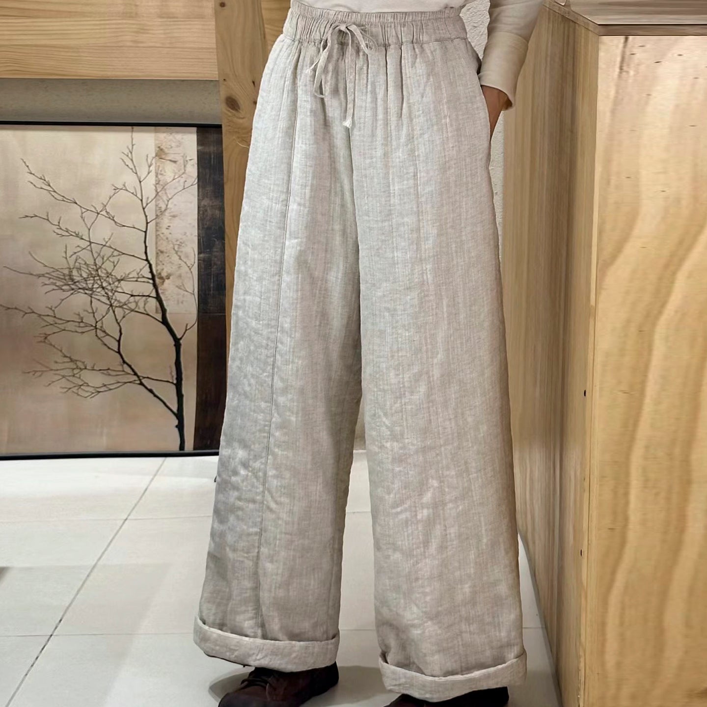 Women Beige Pockets Elastic Waist Fine Cotton Filled Pants Winter