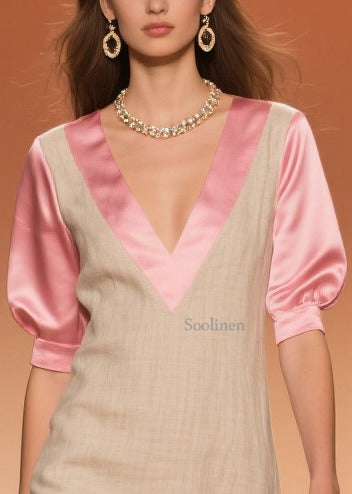 Women Beige Ruffled Patchwork Linen Silk Fake Two Piece Dress Summer