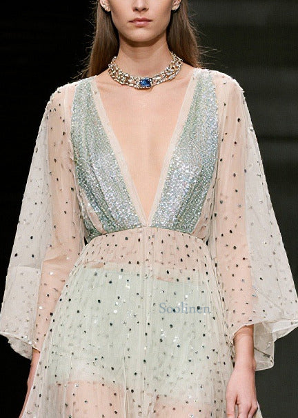 Women Beige Sequins Sheer Tulle Beach Dresses Summer